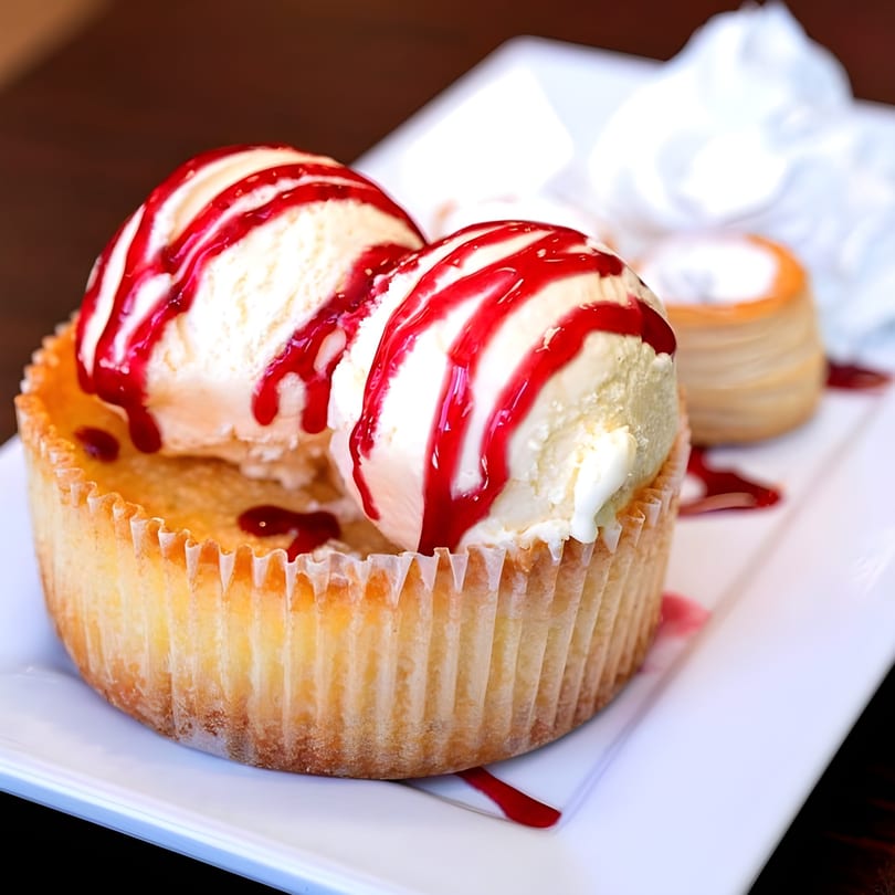 Portuguese cheesecake with two scoops of vanilla ice cream drizzled with raspberry sauce on a white plate.