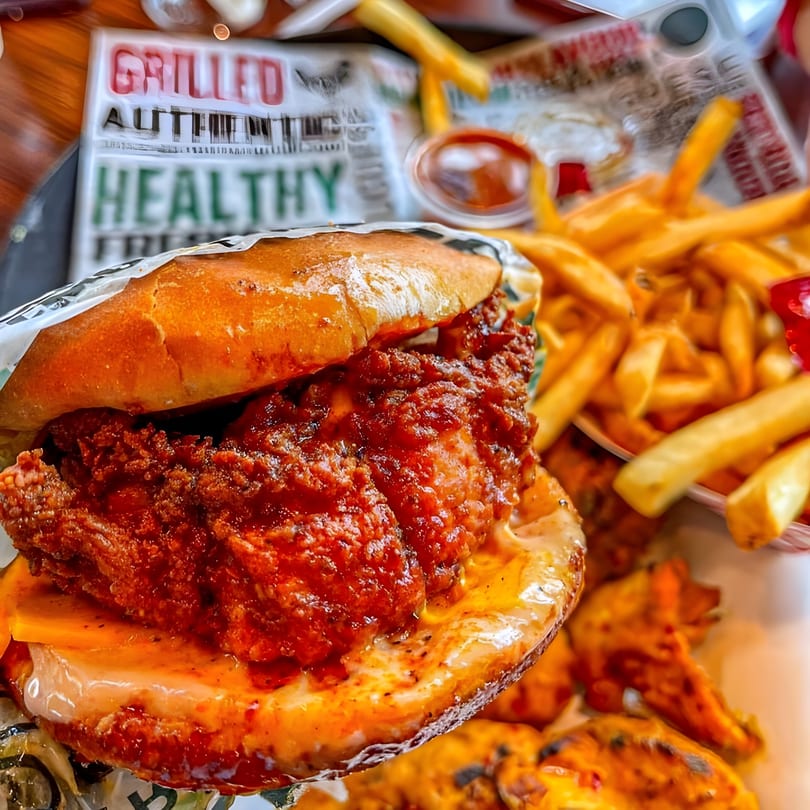 A Peri Peri Original chicken sandwich with cheese and sauce, next to fries and chicken wings.