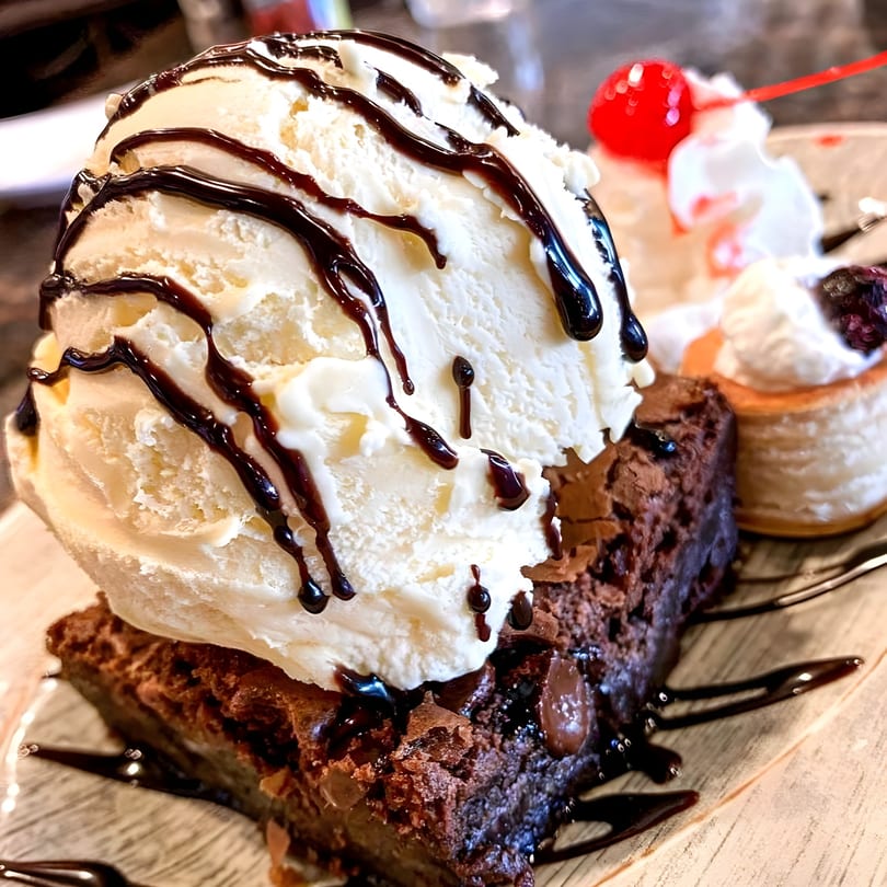 A rich chocolate brownie topped with vanilla ice cream, chocolate syrup, and a cherry.